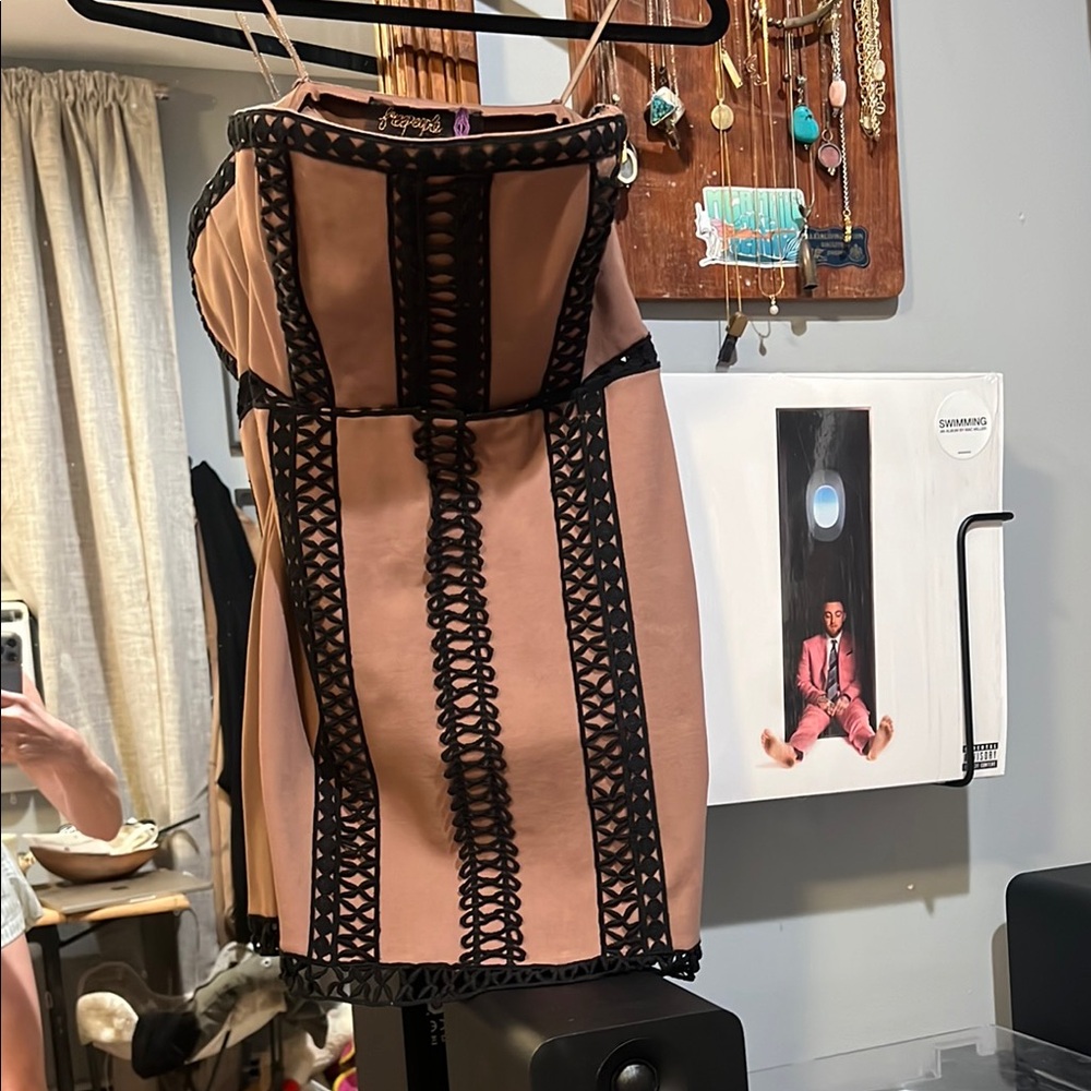 Free people mauve and black lace strapless mini dress